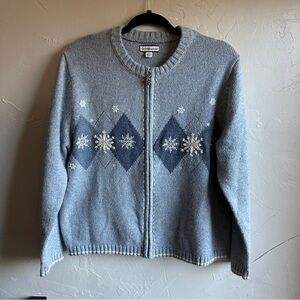 Croft & Barrow Embroidered Snowflake Zip Cardigan Nordic Winter Cozy Knit Size L